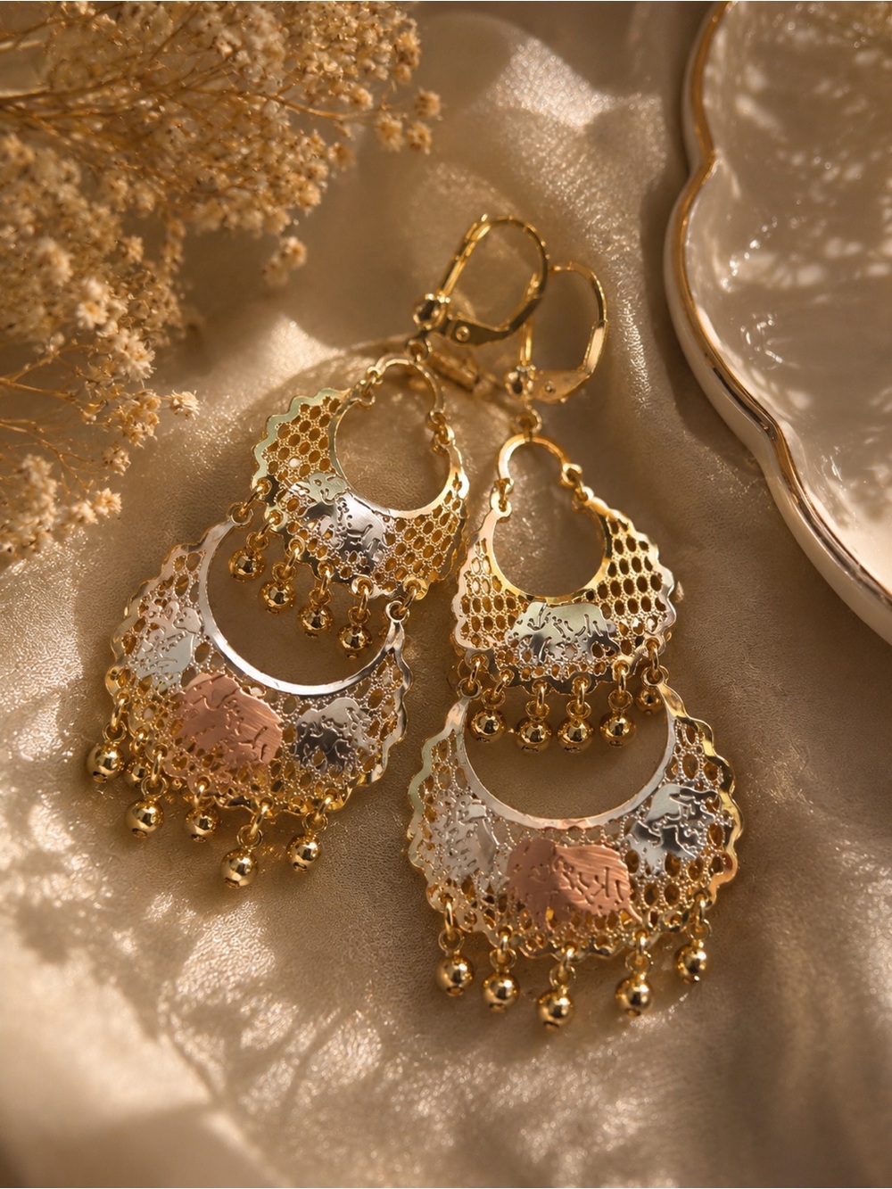 Gold and Tri-Tone Filigree Dangle Earrings - Women Jewelry